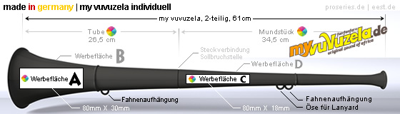 Vuvuzela mit Logo und in Firmenfarben als Werbemittel oder On Pack Produkt.